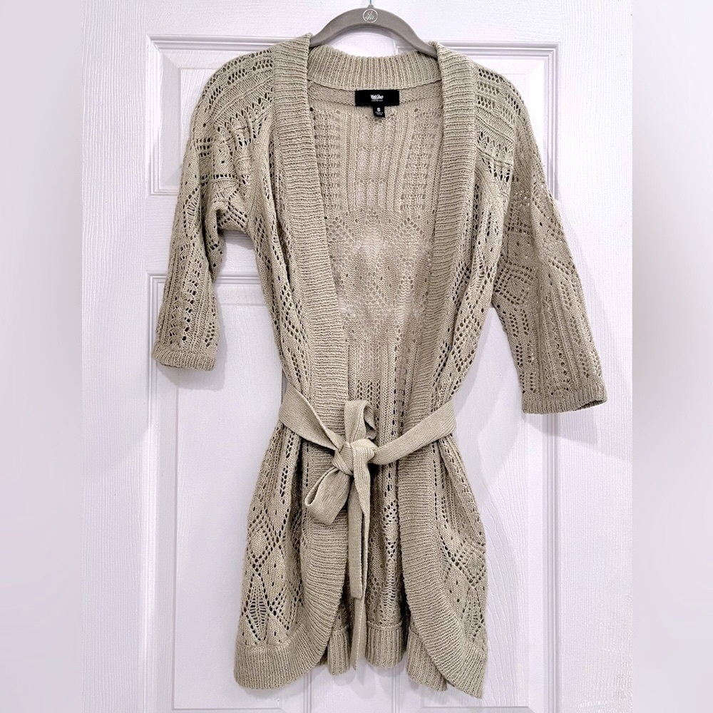 🌸 3/$25 Mossimo Open Front Crochet Knit Belted Lightweight Tan Cardigan, Size S